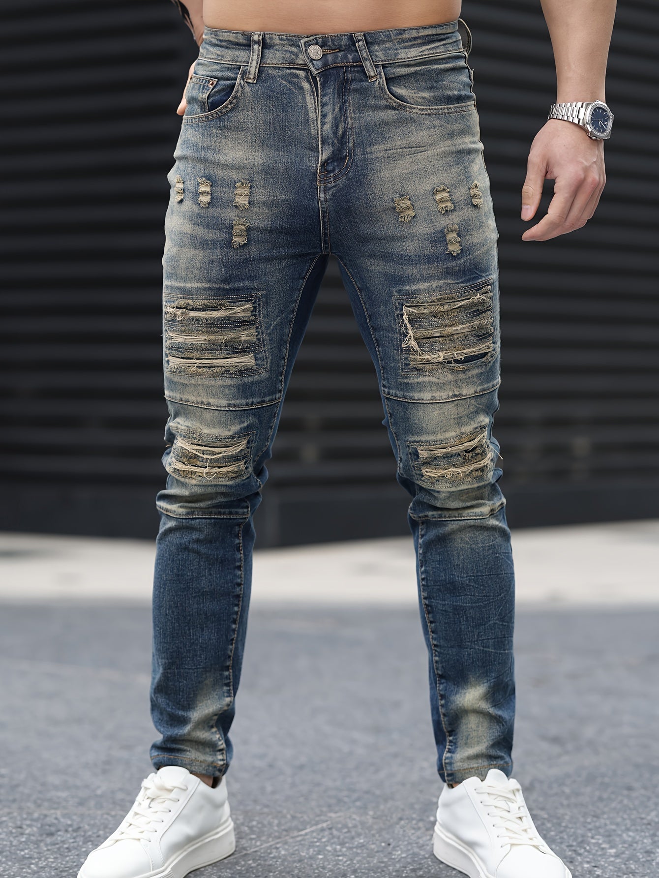 Stylish Gradient Ripped Skinny Jeans - Soft Cotton Blend, Slim Fit, Casual Street Style, Perfect for Spring Summer, Men's Fashion Essential