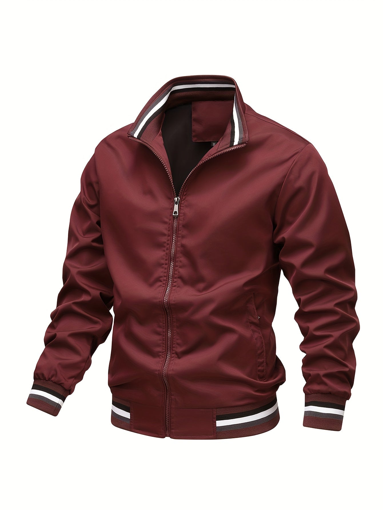 Stripe Edge Bomber Jacket, Men's Casual Stand Collar Zip Up Jacket For Spring Summer Outdoor