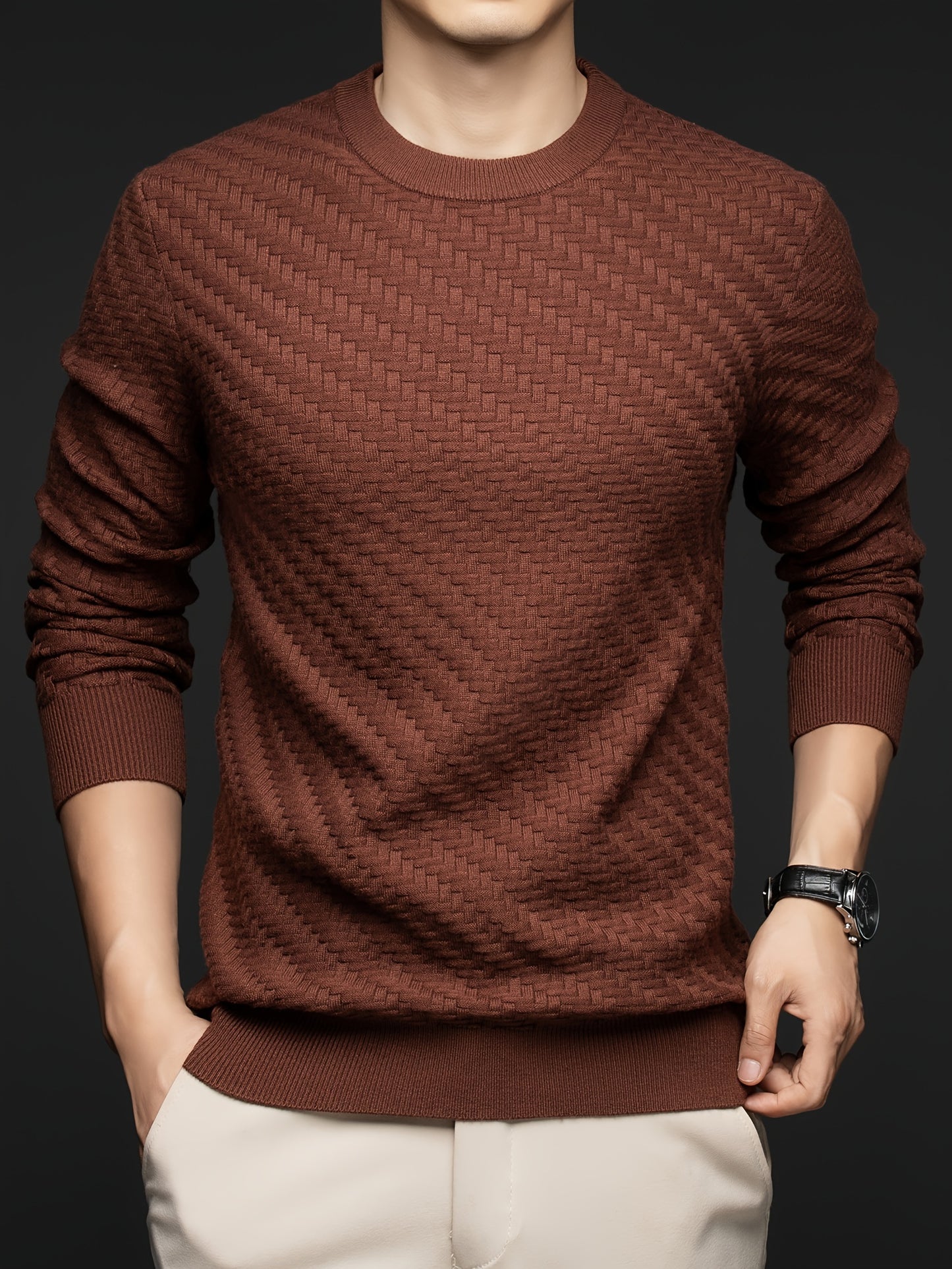 Cozy Solid Striped Knitted Crew Neck Pullover - Men's Long Sleeve Casual Sweater for Fall Winter - Soft, Warm, and Versatile