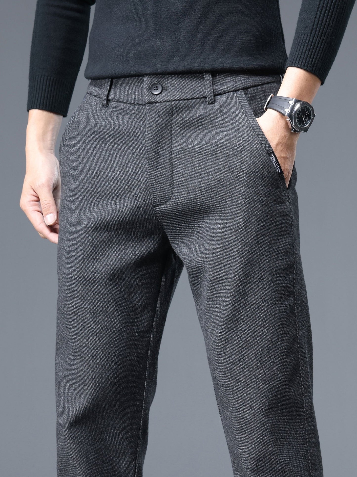 Men's Thermal Padded Slim Fit Trousers, Winter Woolen Men's Pants, Korean Style Business Casual, Polyester Blend, Regular Length, Zipper Closure, Straight Leg, Mid-Waist, Embroidery Detail