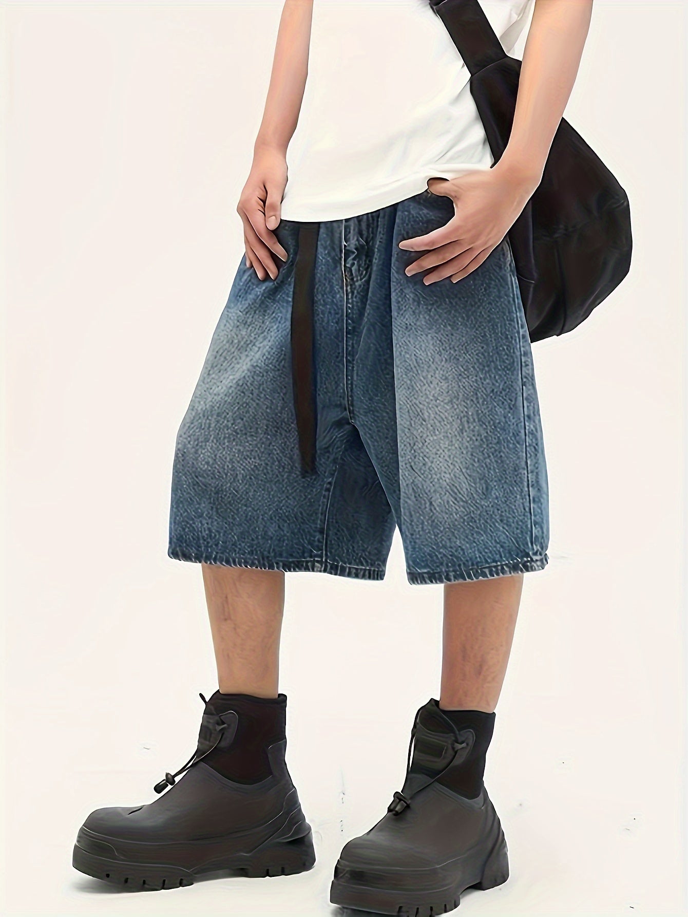 Men's Casual Loose Fit Wide Leg Denim Shorts, Knee-Length Jorts With Belt Detail, Summer Street Style Fashion