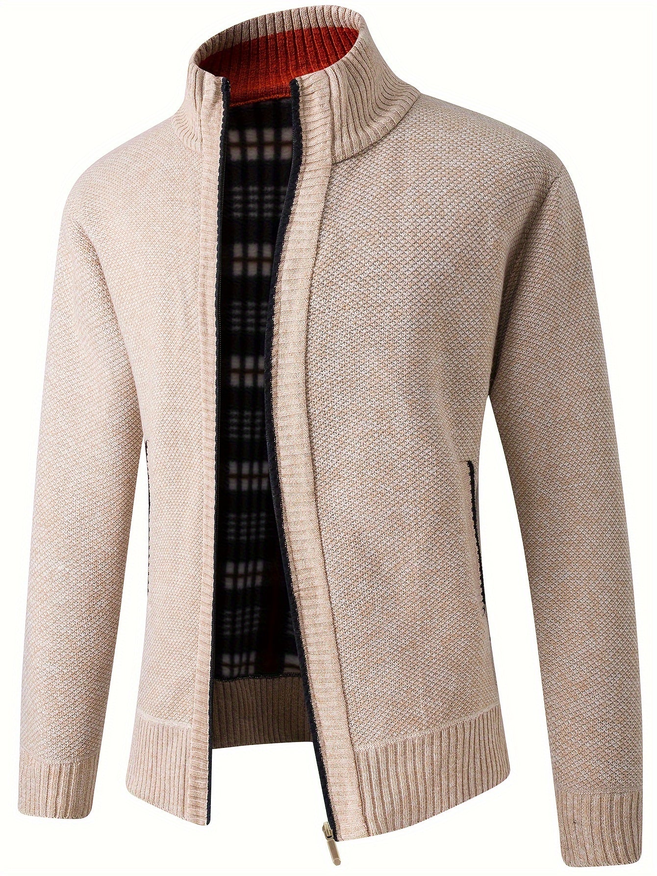 Warm Stand Collar Fleece Jacket, Men's Semi-formal Comfortable Solid Color Zip Up Knitted Cardigan For Spring Fall