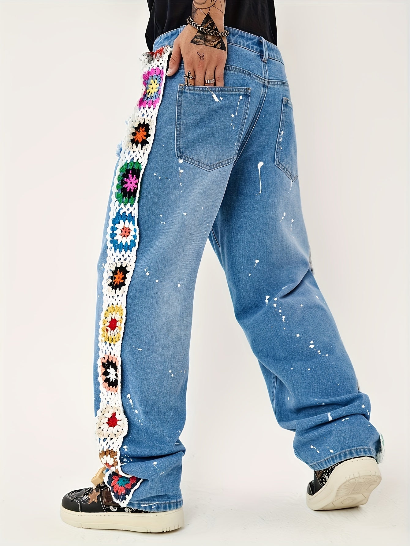 Unique Bohemian-Style Embroidered Wide-Leg Jeans for Men - Fashionable Artistic Denim Pants with Patchwork Design, Comfortable Fit, and Stylish Details - Perfect for Casual Wear and Fashion Enthusiasts