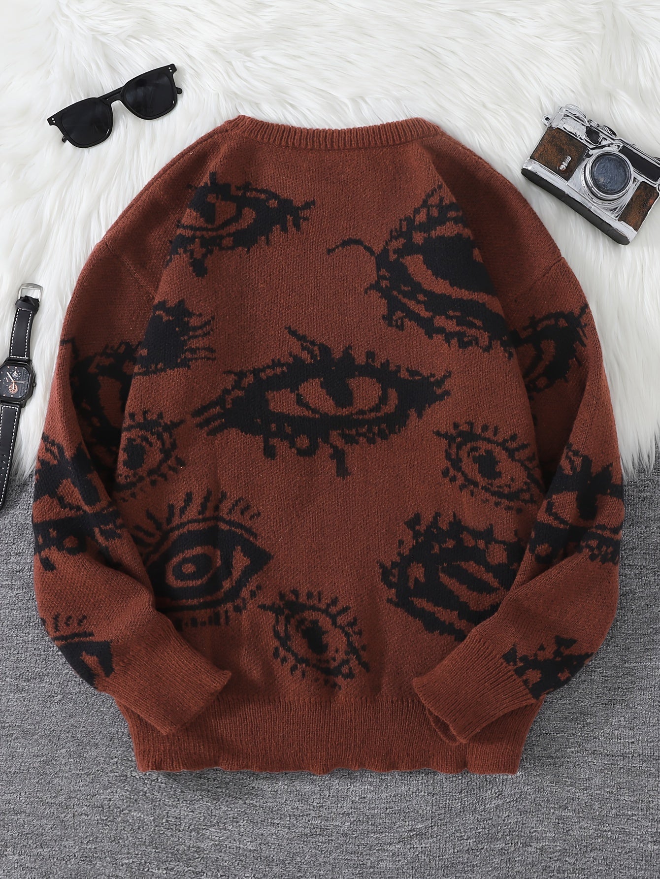 Men's Novelty Eyes Graphic Design Fall/Winter Sweater, Casual Round Neck Long Sleeve Knit Pullover Tops