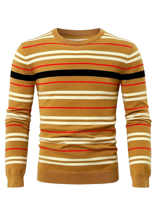 Cozy Striped Knit Pullover Sweater - Soft, Casual, Long Sleeve, Slim-Fit, Crew Neck, Fall and Winter Essential - Perfect for Men's Daily Wear, Outdoor Activities, and Gift Idea