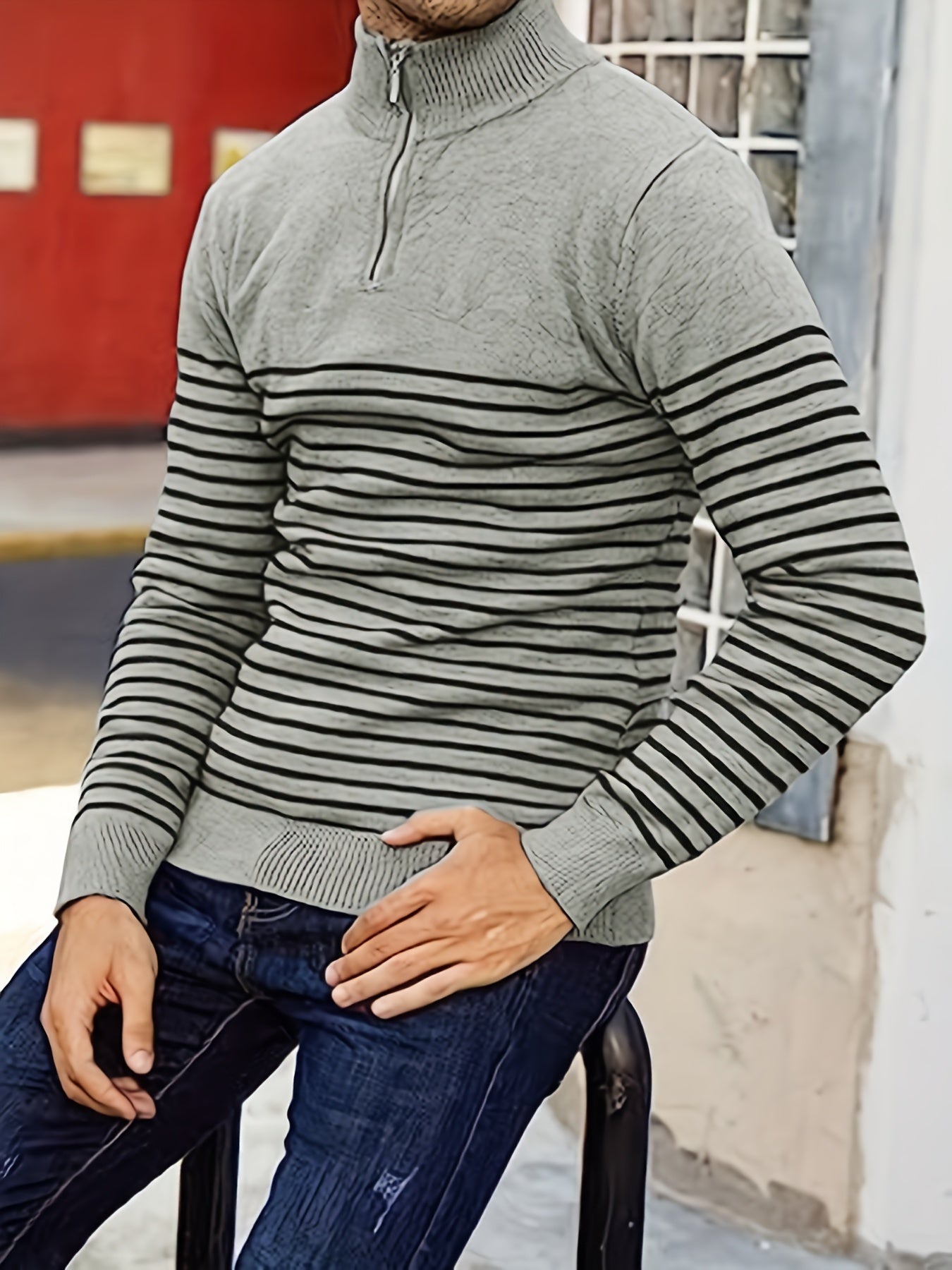 Cozy Striped Pullover Sweater - Soft Middle Stretch V Neck Design, Casual Fall Winter Shirt for Men, Knitted Fabric, Breathable, Comfortable, Perfect for Outdoor Activities