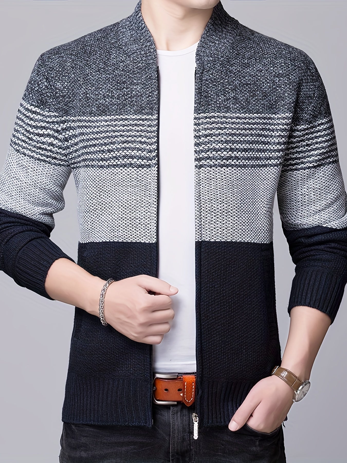 Color Block Warm Zip Up Jacket Sweater, Men's Casual Stand Collar Mid Stretch Cardigan For Fall Winter