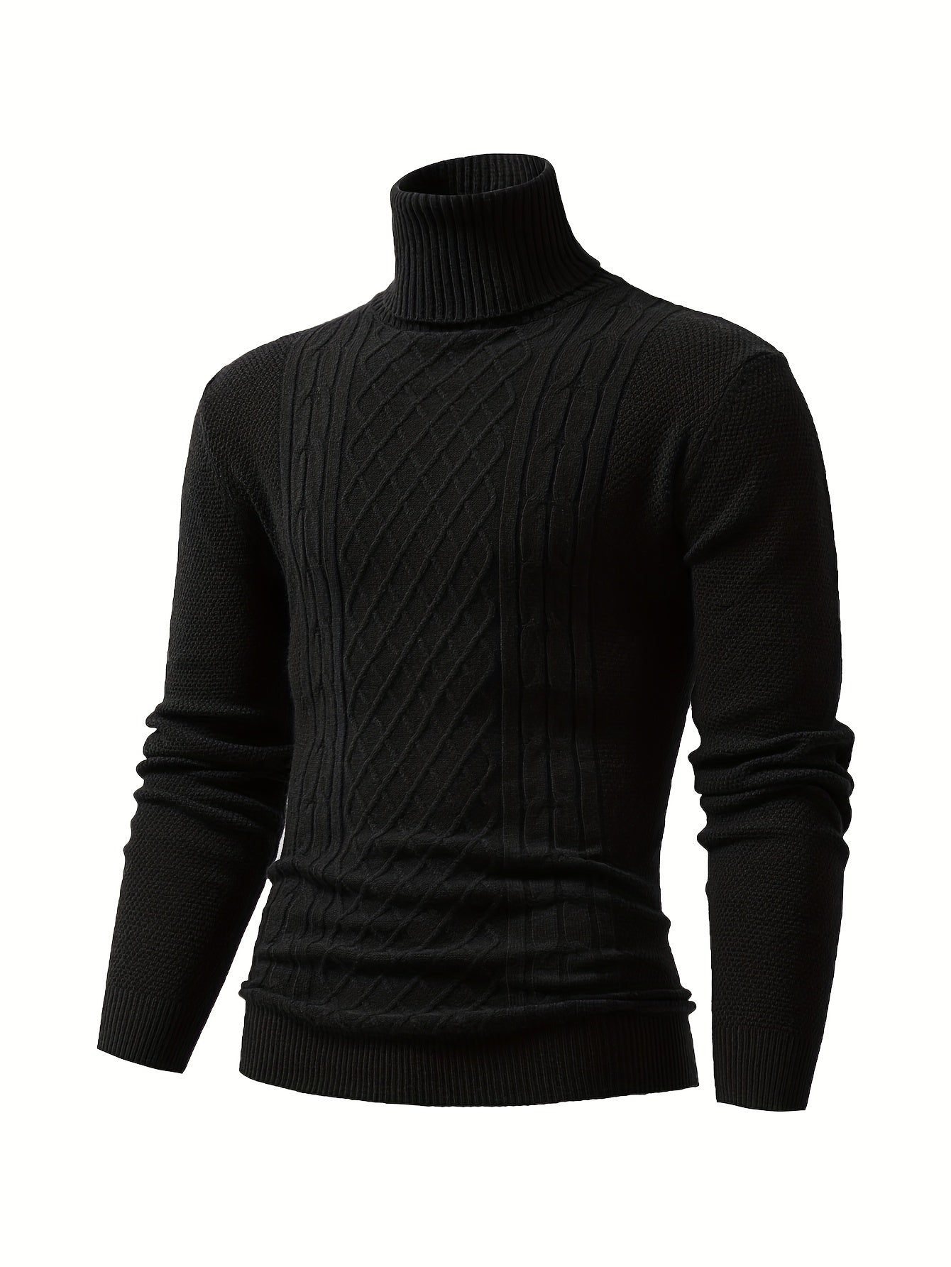 Turtle Neck Knitted Cable Sweater, Men's Casual Warm Solid High Stretch Pullover Sweater For Fall Winter