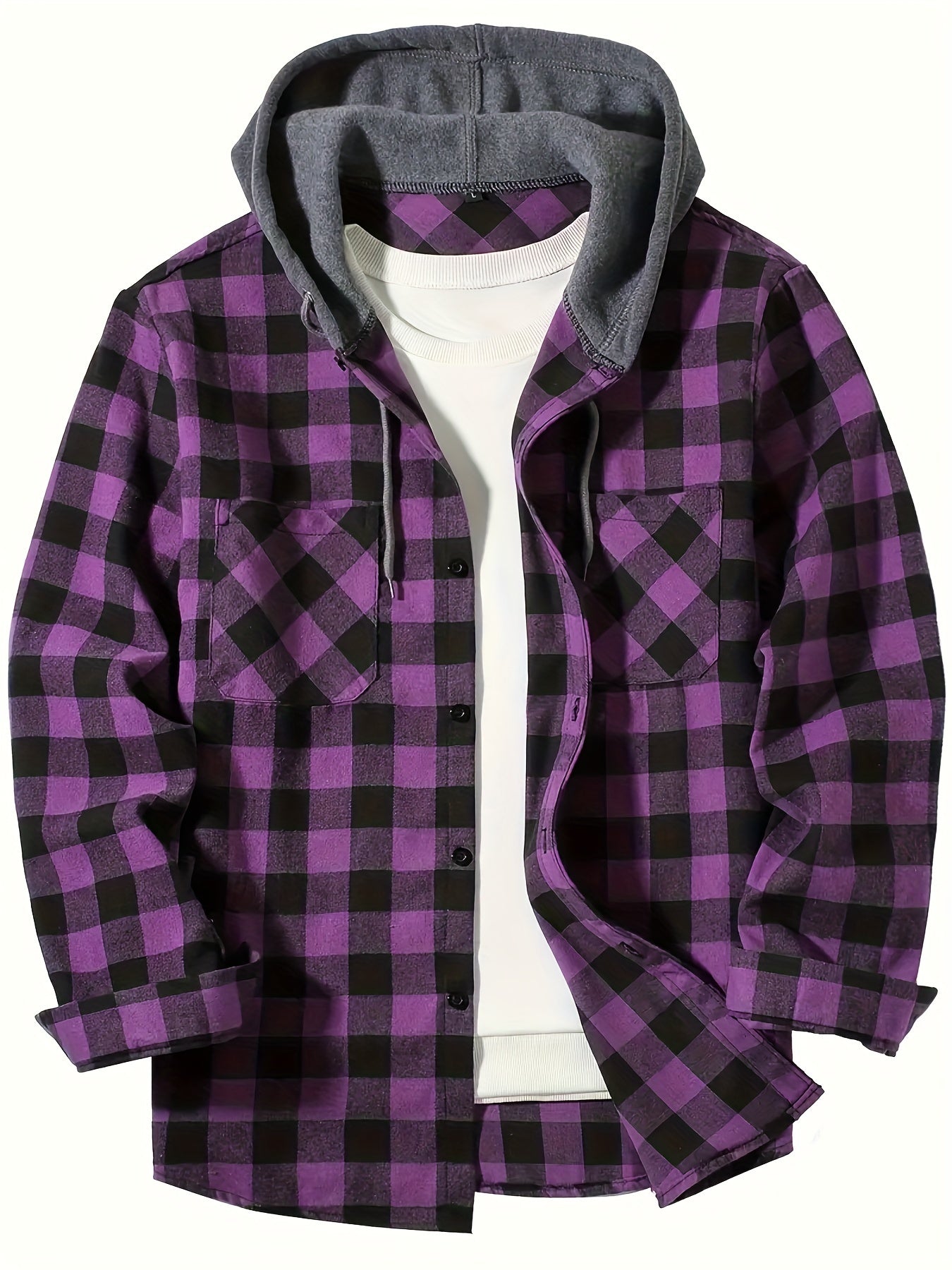 Stylish Plaid Hooded Shirt for Men - Long Sleeve Button-Up Casual Fashion Outerwear with Comfortable Fit, Classic Design, and Versatile Style for Everyday Wear