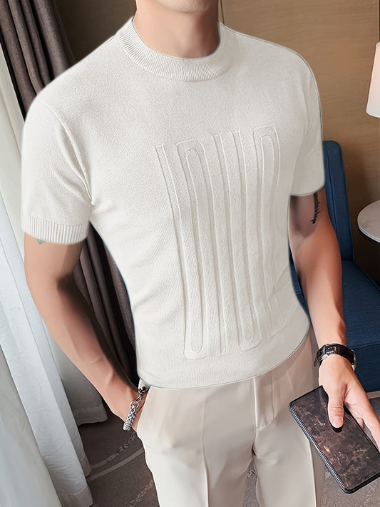 Chic Knit Short Sleeve Shirt, Men's Casual Mid Stretch Crew Neck Pullover Sweater For Spring Fall