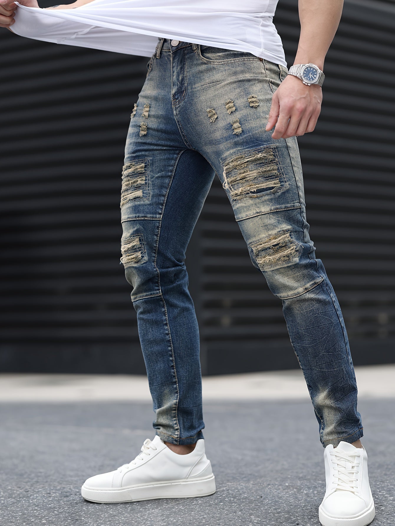 Stylish Gradient Ripped Skinny Jeans - Soft Cotton Blend, Slim Fit, Casual Street Style, Perfect for Spring Summer, Men's Fashion Essential