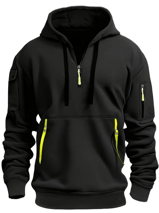 Mens Fashion-Forward Hooded Sweatshirt - Vibrant Solid Color with Zippered Henley Neck, Fluorescent Drawstrings & Roomy Kangaroo Pocket - Perfect for Spring & Autumn Sports and Outdoors - Stylish, Chic, and Versatile