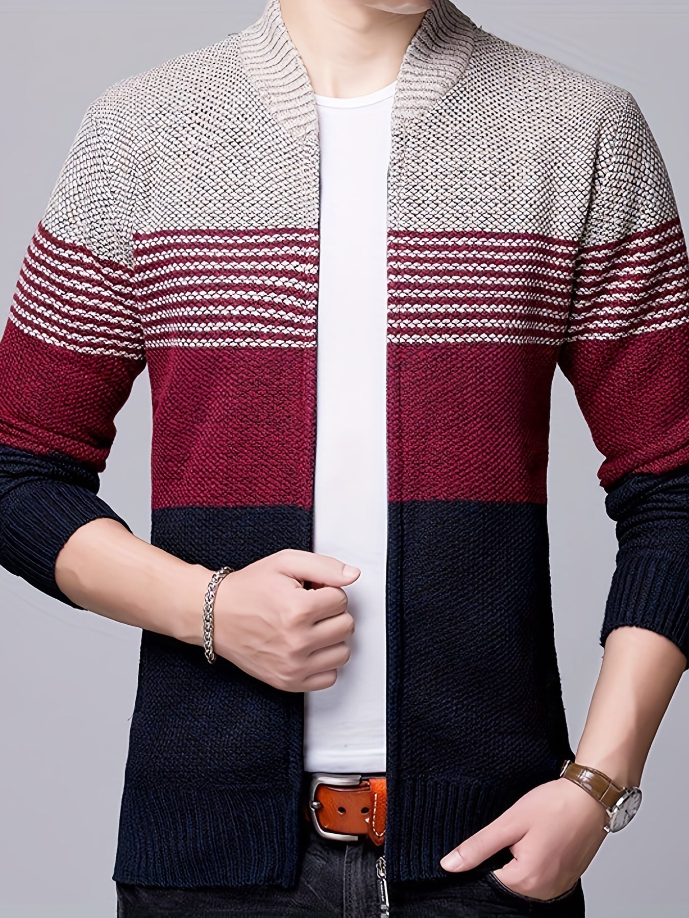 Color Block Warm Zip Up Jacket Sweater, Men's Casual Stand Collar Mid Stretch Cardigan For Fall Winter