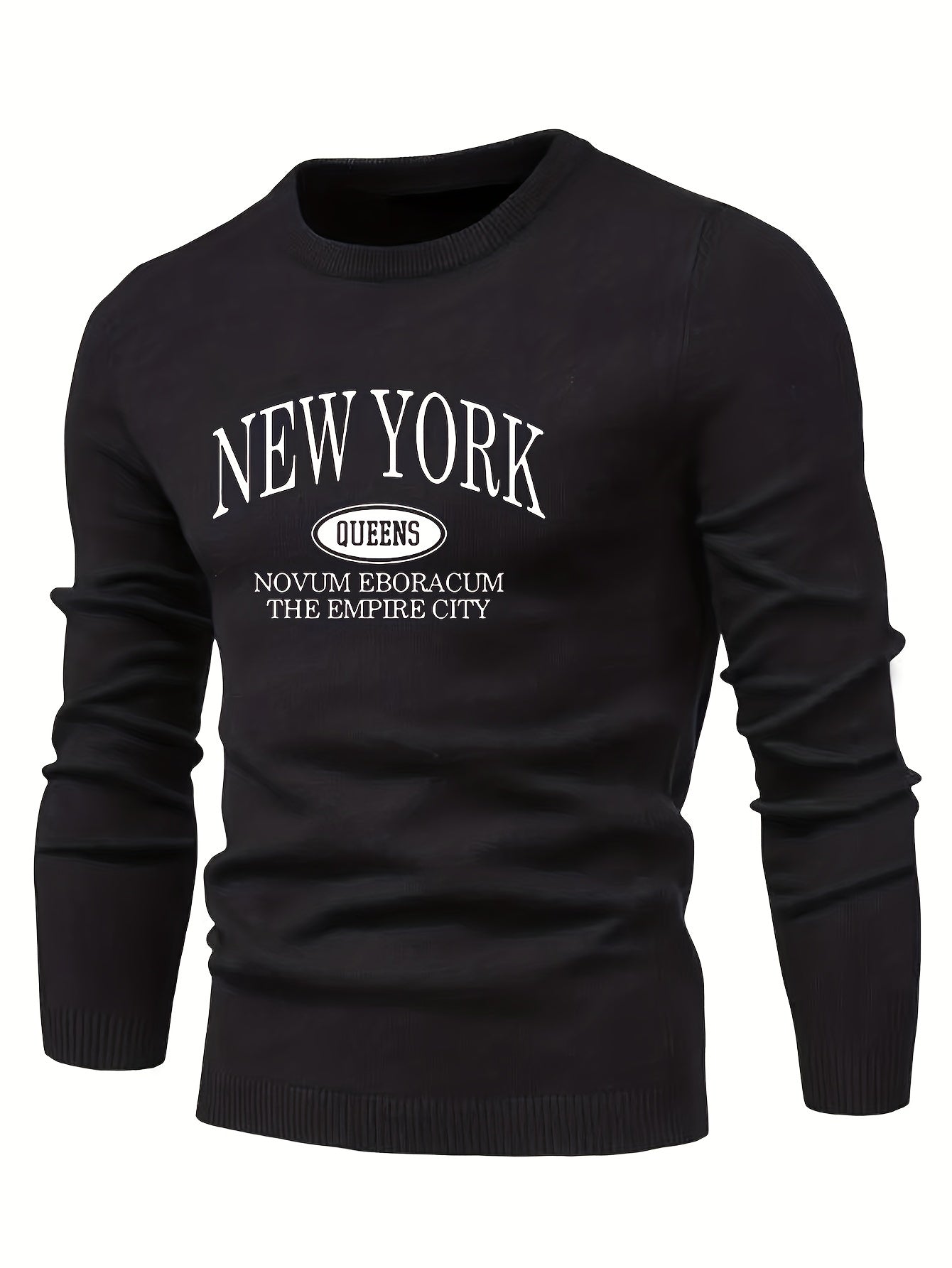 NEW YORK Print All Match Knitted Sweater, Men's Casual Warm Mid Stretch Crew Neck Pullover Sweater For Men Fall Winter