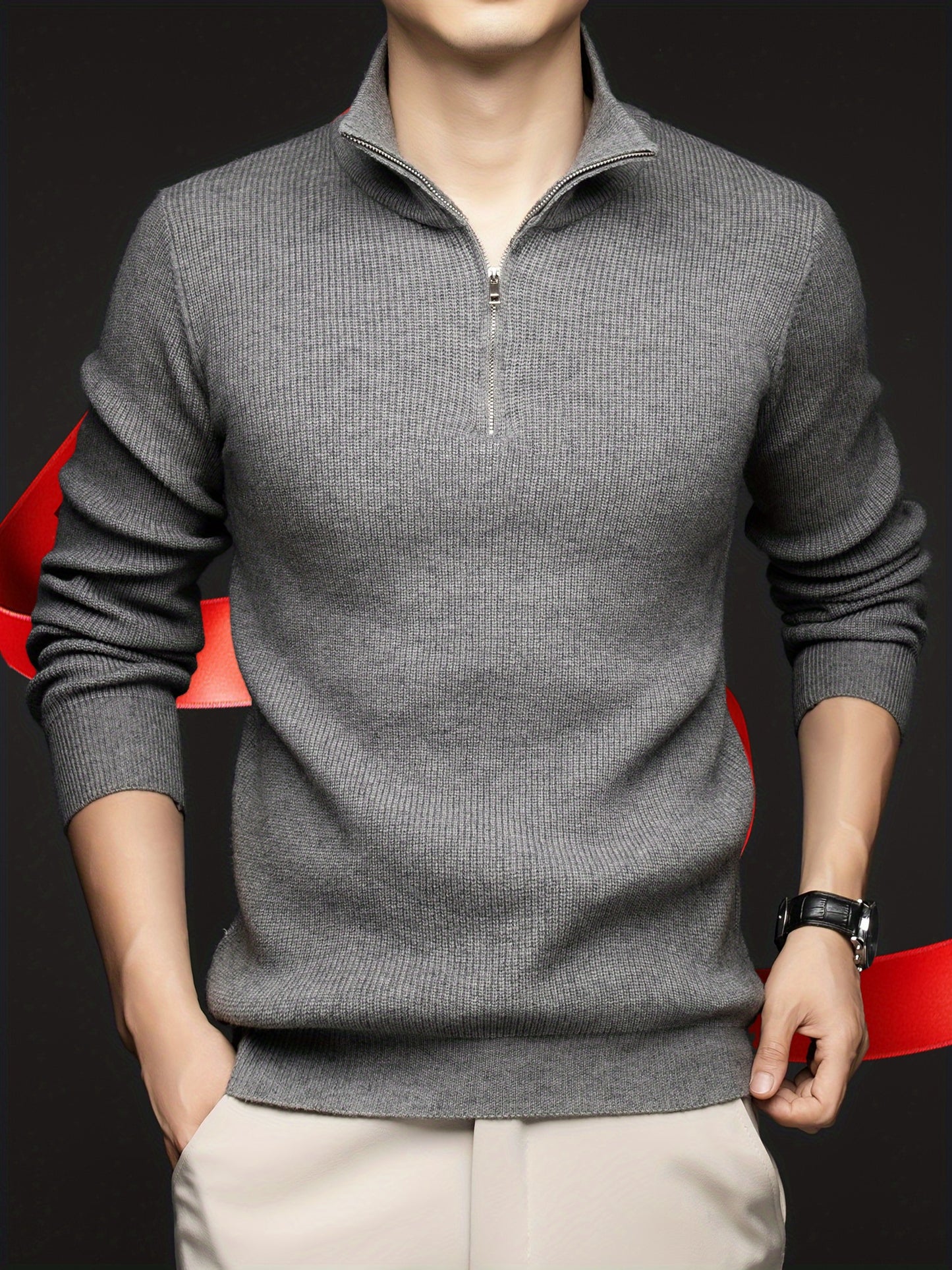 Long Sleeve Men's Solid Knitted Turtle Neck Half Zipper Casual Pullover Sweater For Fall Winter