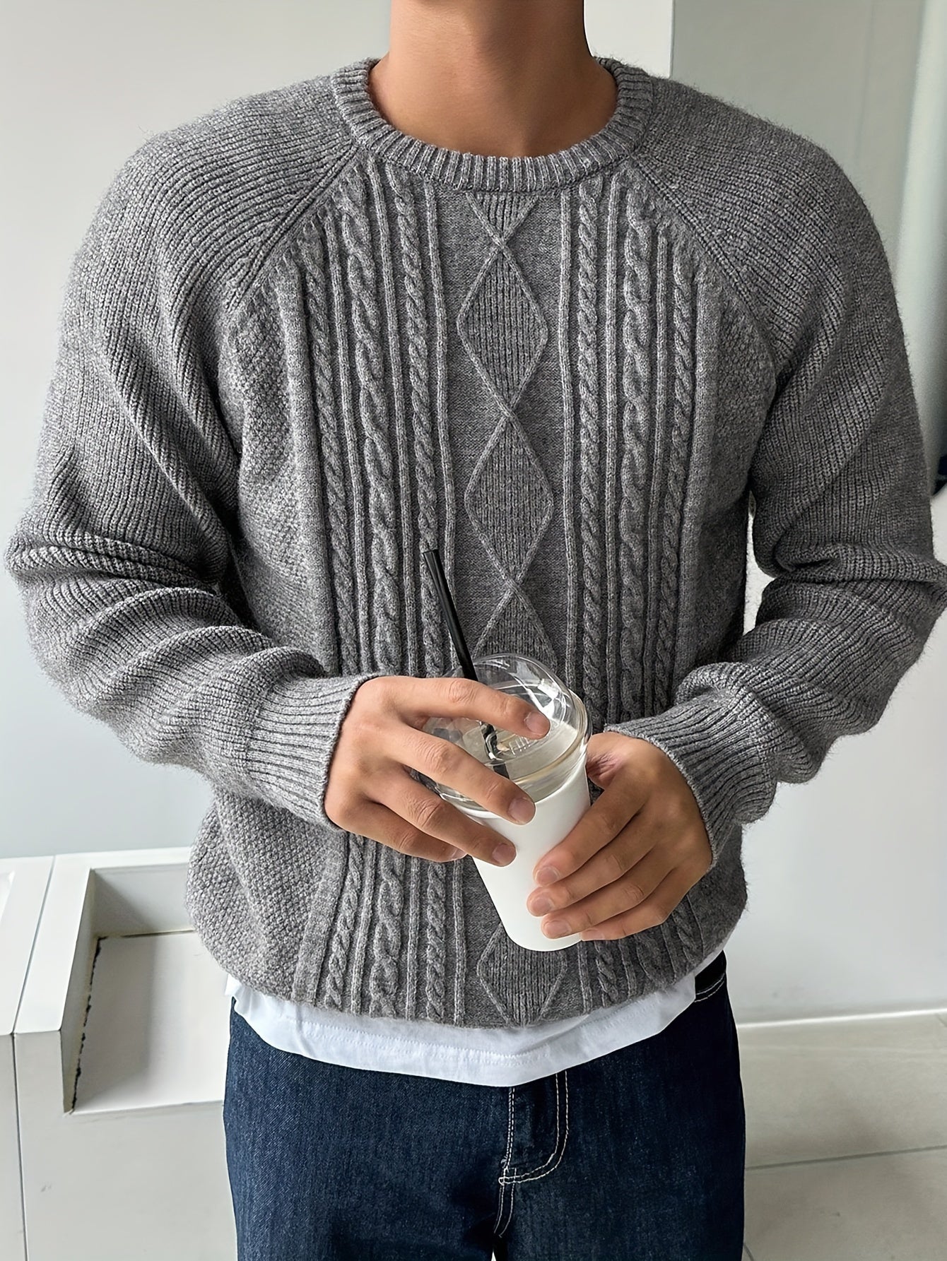 Men's Stylish Solid Color Twist Knit Sweater - Pullovers with Versatile Long Sleeve, Trendy Textured Design, and Cozy Fit for Autumn and Winter - Perfect Gift Idea for Him