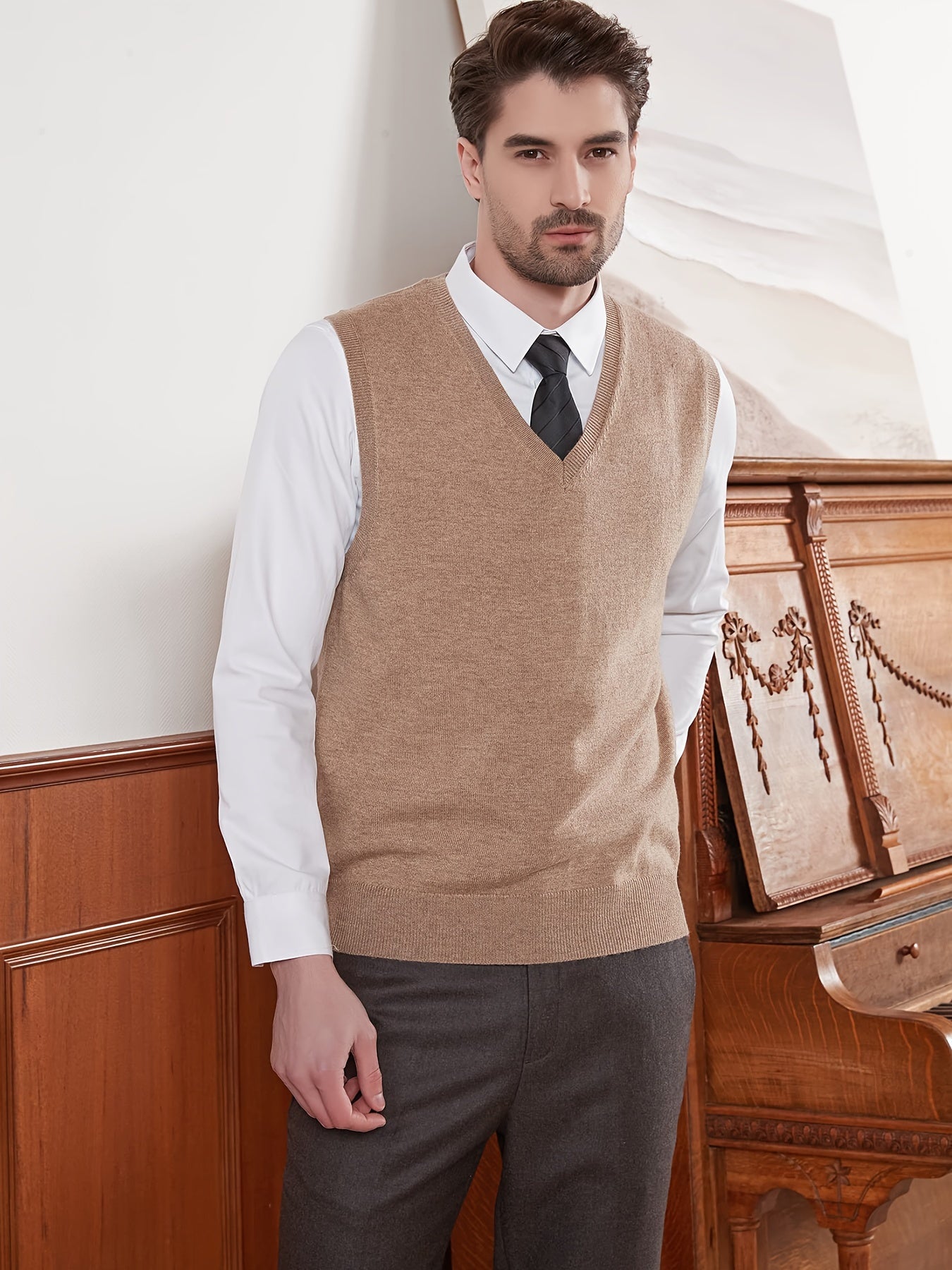 Classic Design Men's Solid Knit V-neck Sleeveless Sweater Vest, Chic And Trendy For Spring And Autumn Daily Leisurewear