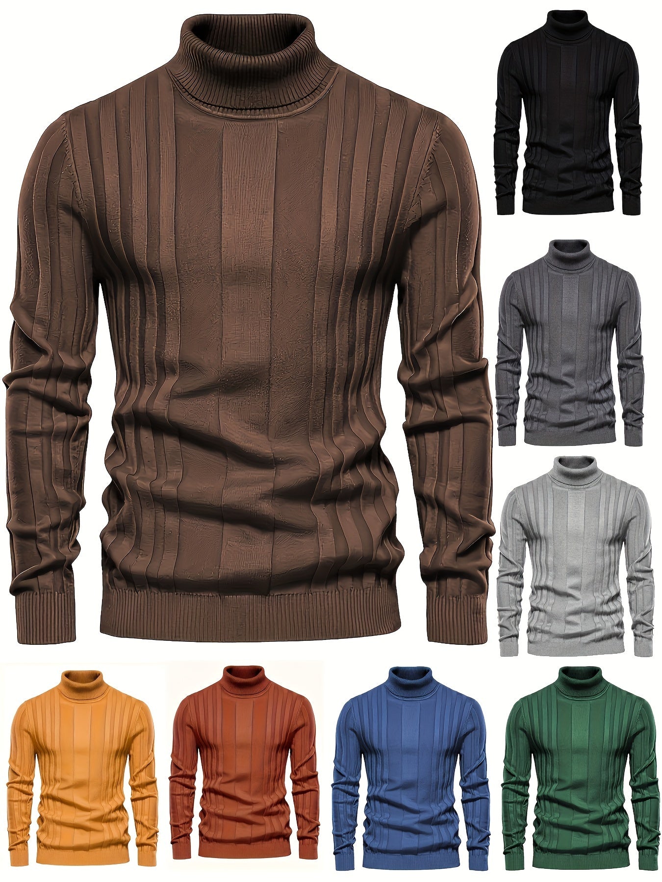 Turtleneck Knitted Sweater, Men's Casual Warm Solid High Stretch Pullover Sweater For Fall Winter