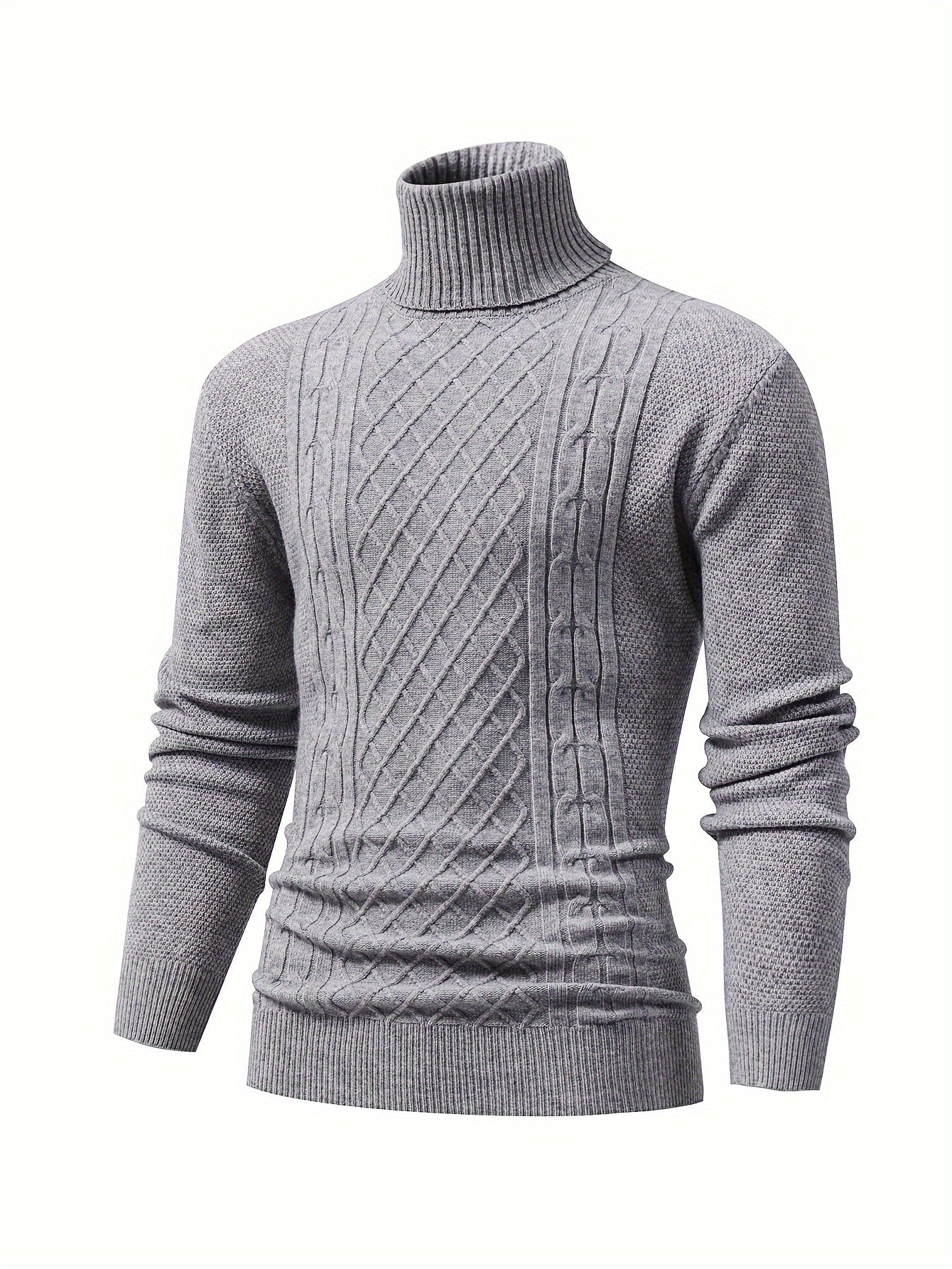 Turtle Neck Knitted Cable Sweater, Men's Casual Warm Solid High Stretch Pullover Sweater For Fall Winter