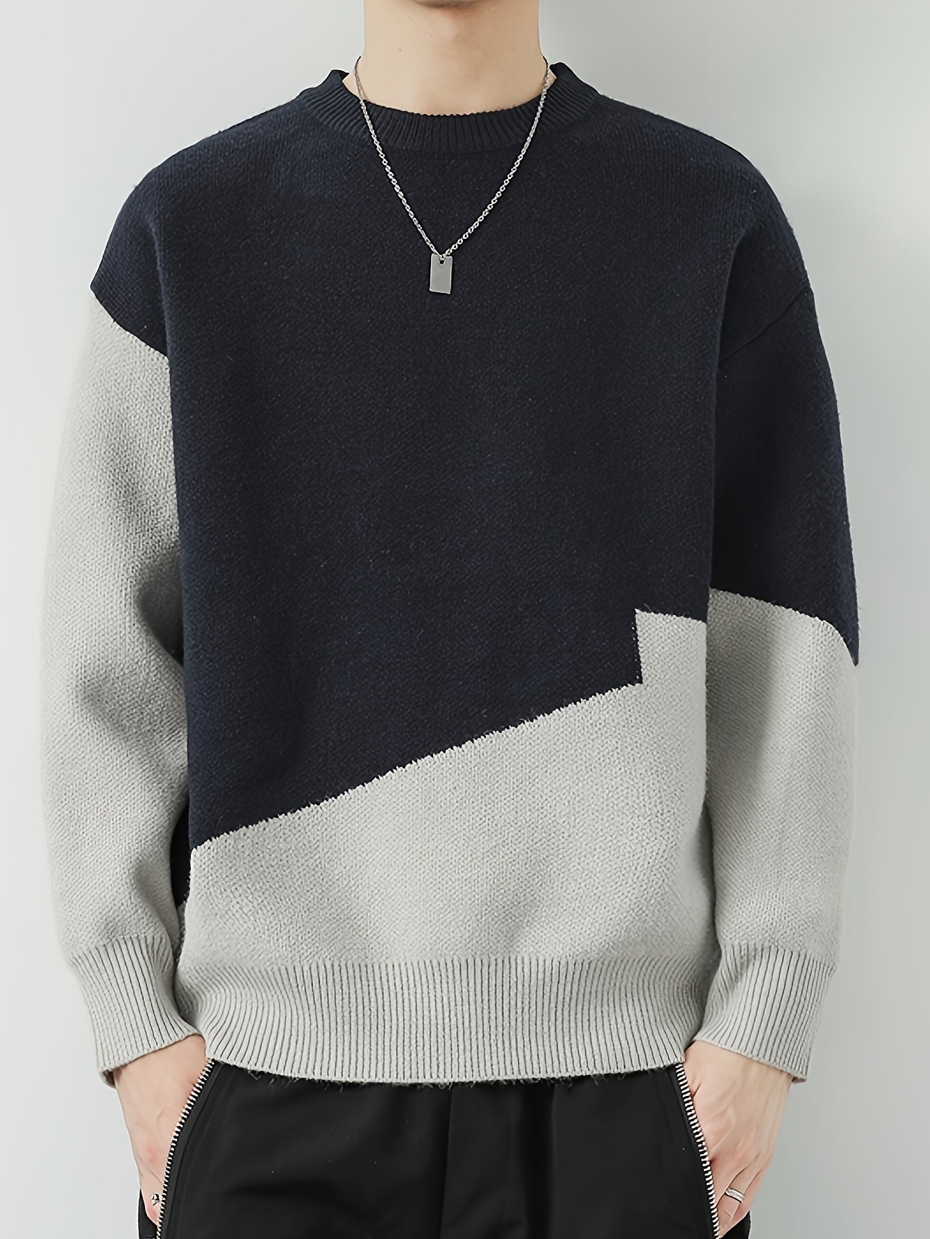 Men's Casual Color Block Sweater - Cozy Knit Pullover for Fall/Winter, Round Neck, Machine Washable, for Autumn, Spring