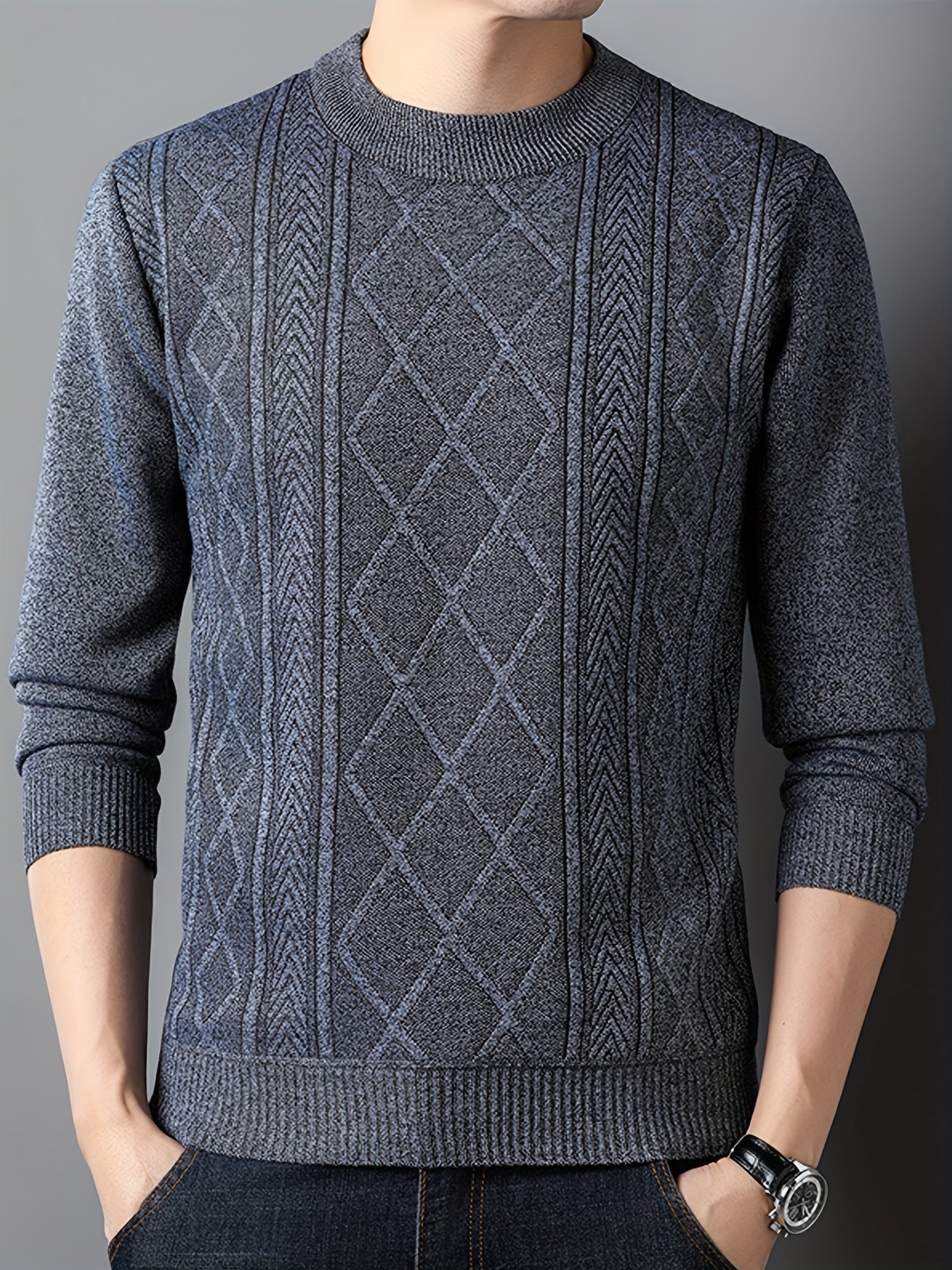 Men's Solid Knitted Pullover, Casual Long Sleeve Crew Neck Cable Knit Sweater For Fall Winter