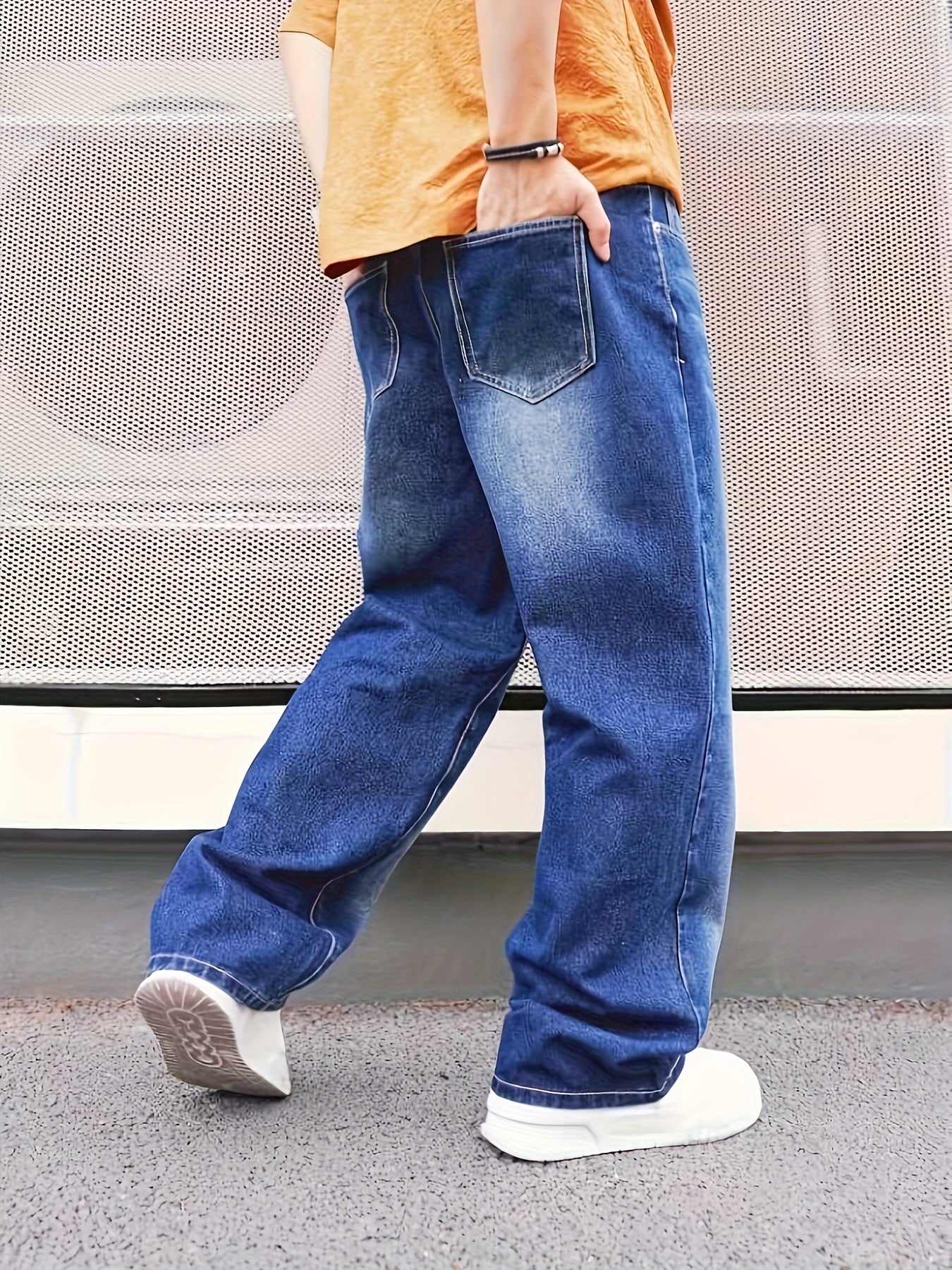 Men's Fashion Casual Jeans, Loose Fit Wide Leg Distressed Denim Pants, Street Style