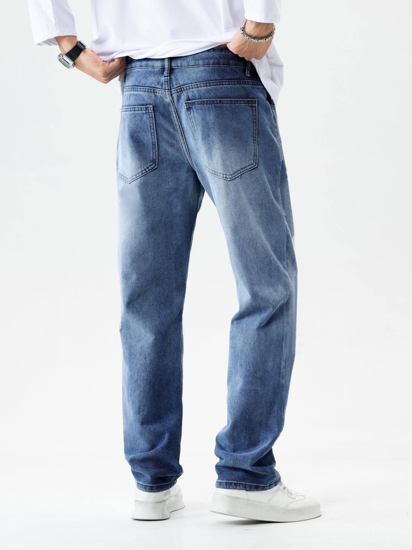 Men's Relaxed Fit Vintage Jeans - Casual Street Style Denim Pants with Multiple Pockets for Everyday Wear