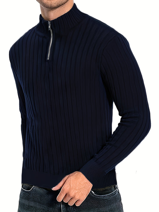 Men's Stand Collar Solid Knit Sweater, Men's Casual Lapel Slightly Stretch V-Neck Pullover Sweater For Men Winter Fall