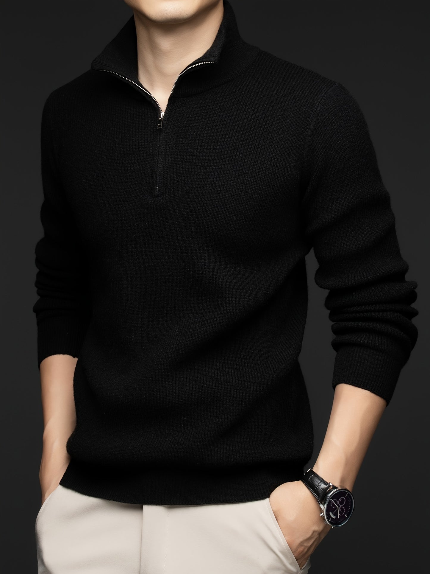 Long Sleeve Men's Solid Knitted Turtle Neck Half Zipper Casual Pullover Sweater For Fall Winter