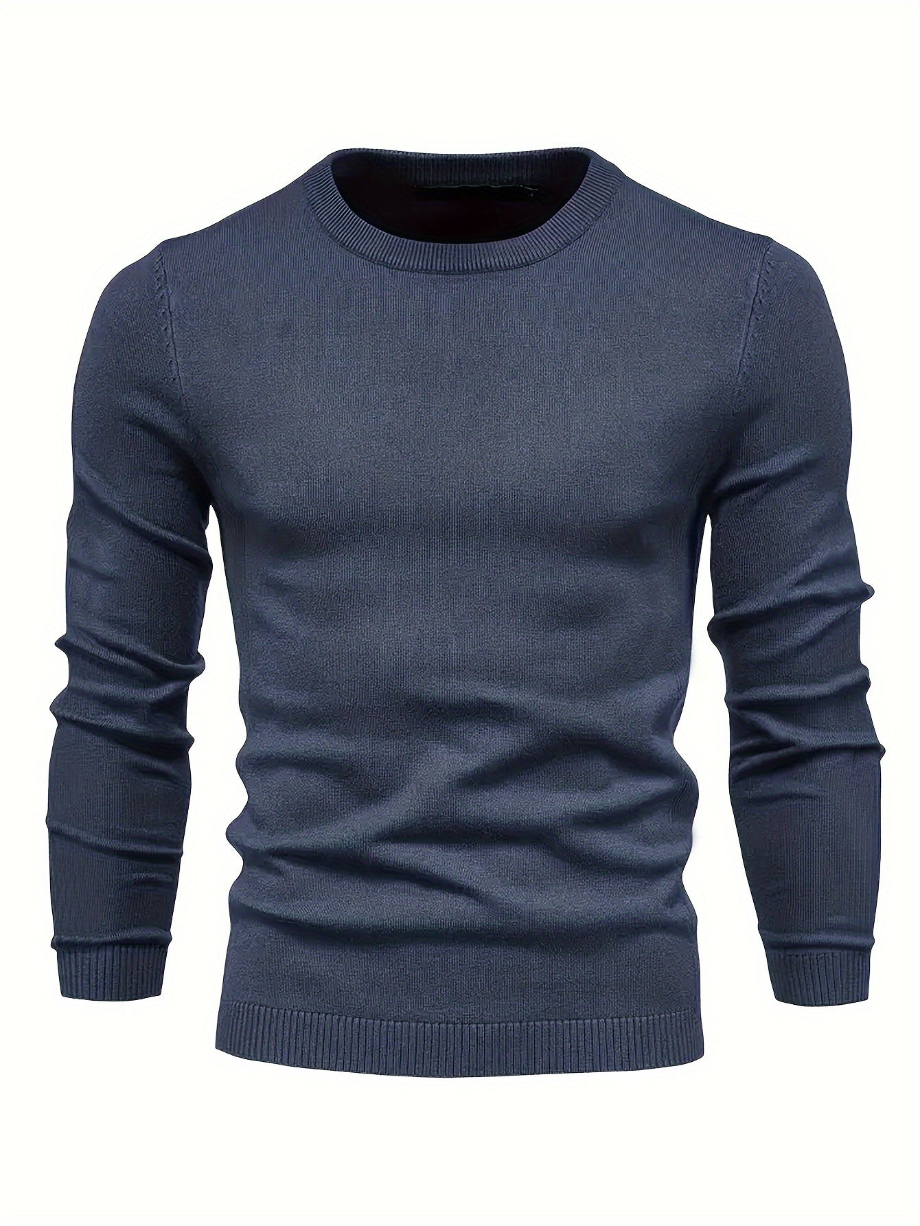 Men's Casual Solid Knitted Sweater - Warm And Stretchy Crew Neck Pullover For Fall And Winter