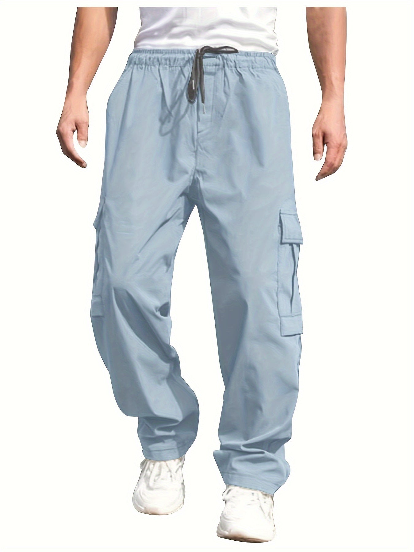 Mens Cargo Pants with Elastic Drawstring - Spacious Pockets, Loose Fit & Trendy Solid Color - Perfect for Casual Style