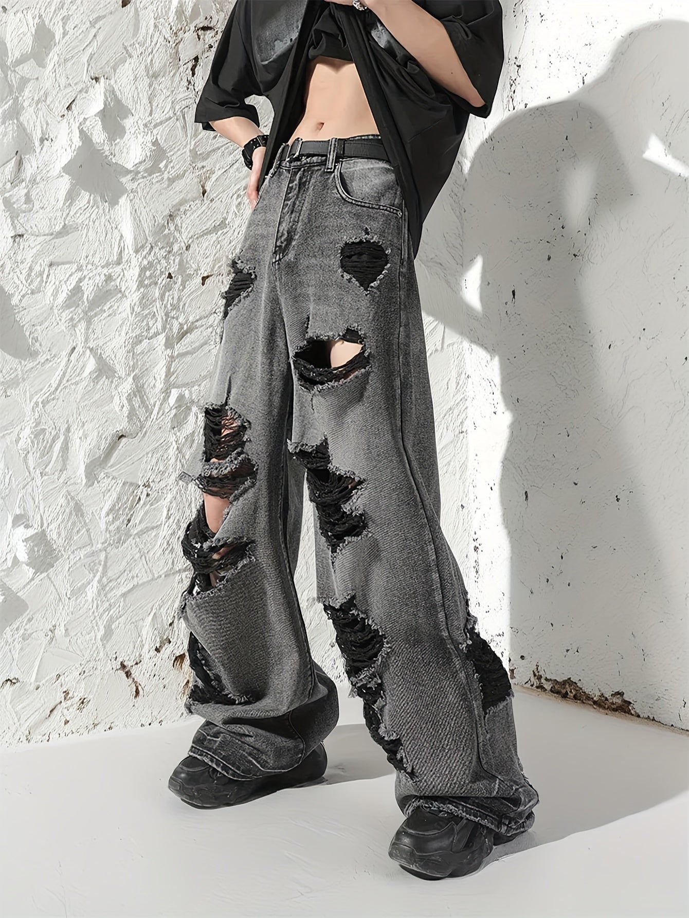 Men's Street Style Wide Leg Ripped Denim Pants, Fashion Jeans, Cotton Trousers For Males