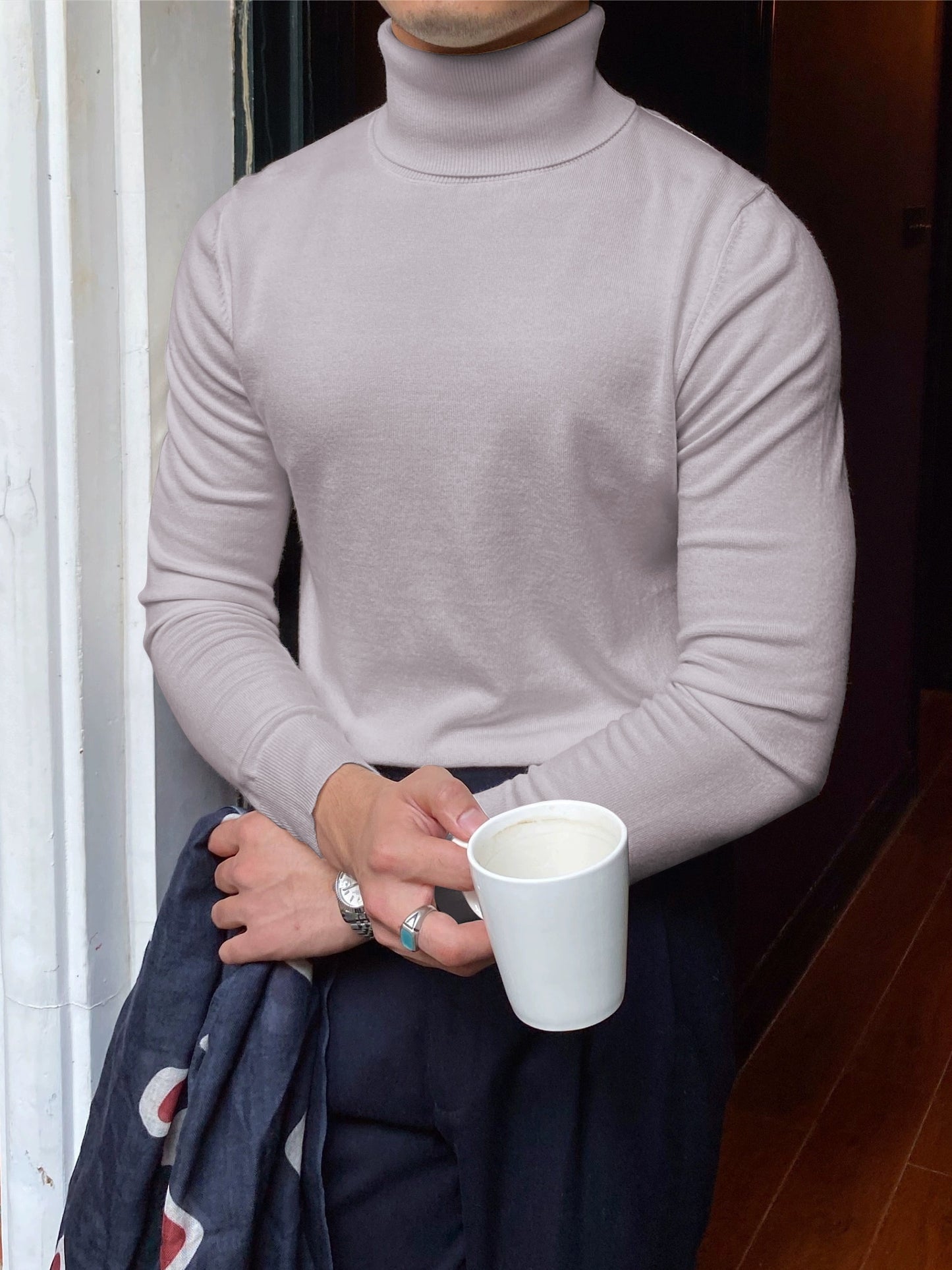 Turtle Neck Knitted Solid Sweater, Men's Casual Warm Slightly Stretch Pullover Sweater For Fall Winter