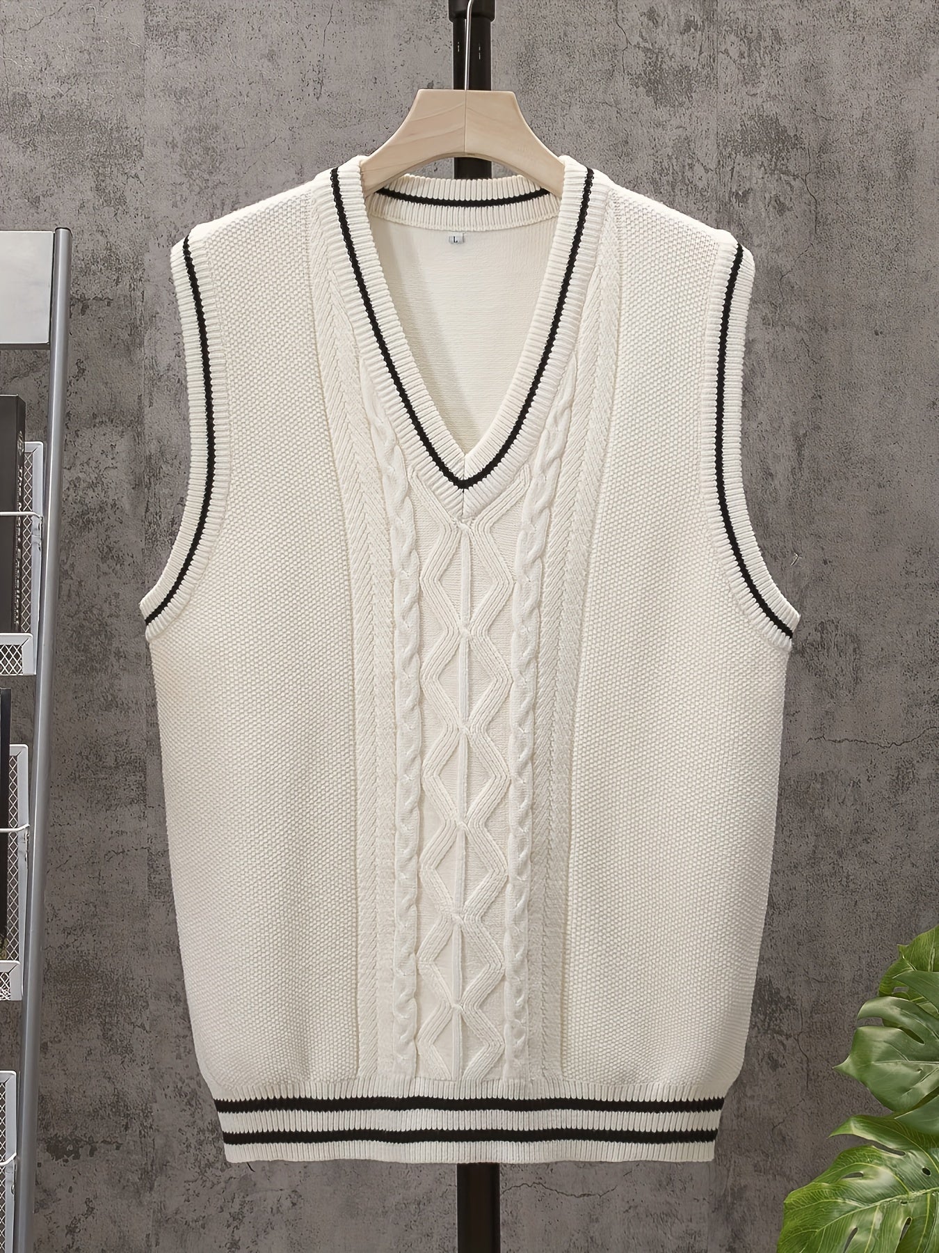 Casual Sleeveless V-Neck Sweaters, Men's Cable Knit Vest