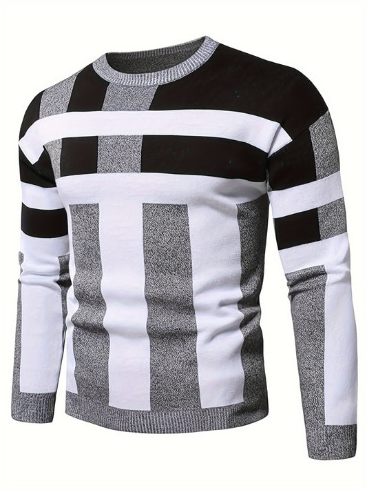 Men's Color Block Round Neck Sweater, Trendy Stretch Warm Pullover For Winter Outdoor