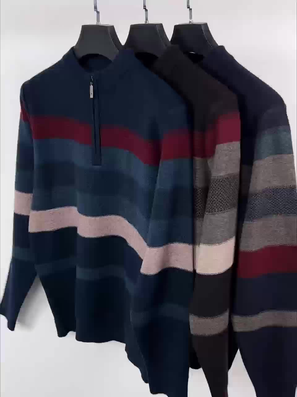 Cozy Mens Striped Knit Sweater - Fashionable Half-Zip Pullover with High Stretch - Perfect for Fall Winters Versatile Style