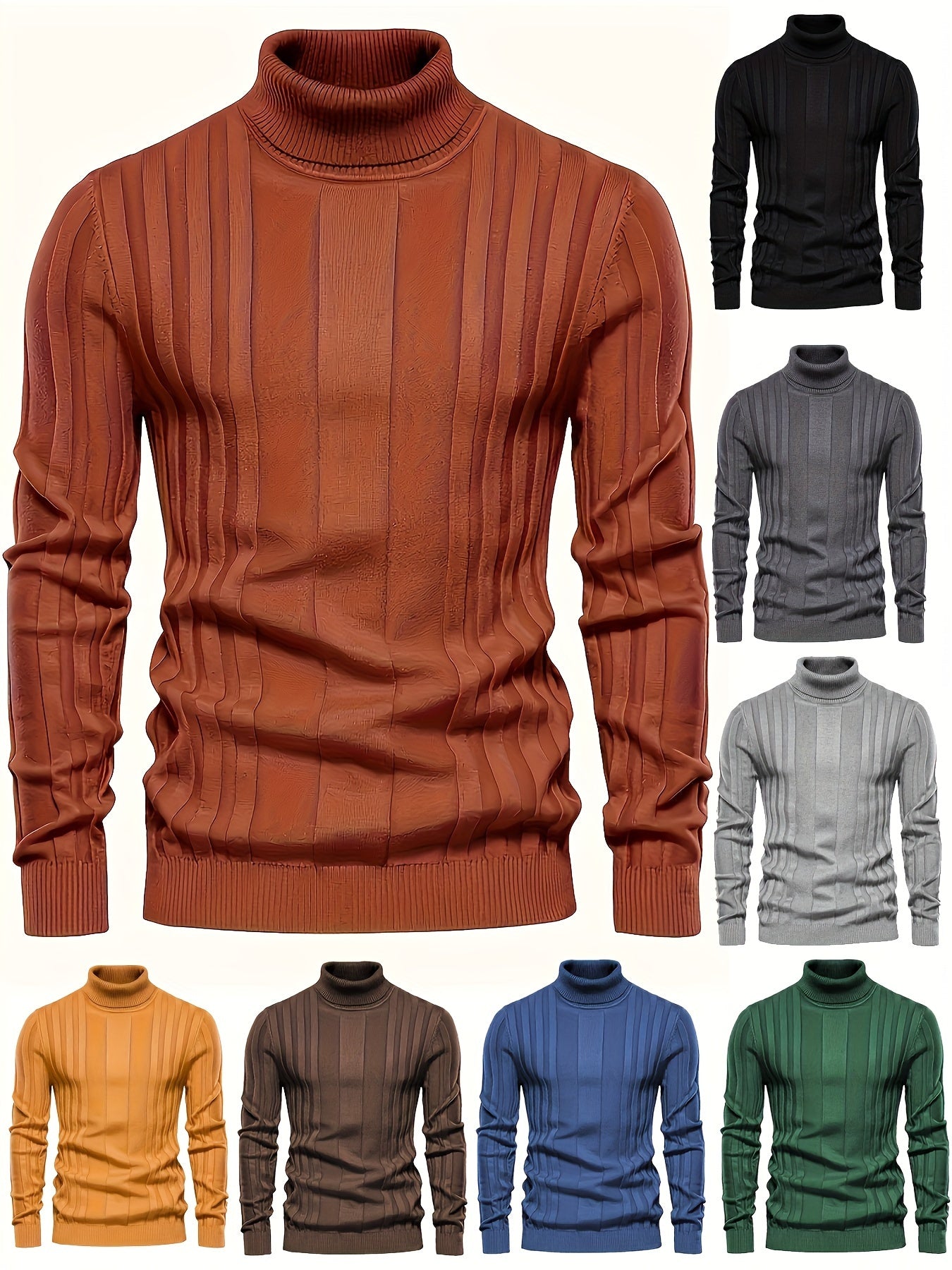 Turtleneck Knitted Sweater, Men's Casual Warm Solid High Stretch Pullover Sweater For Fall Winter