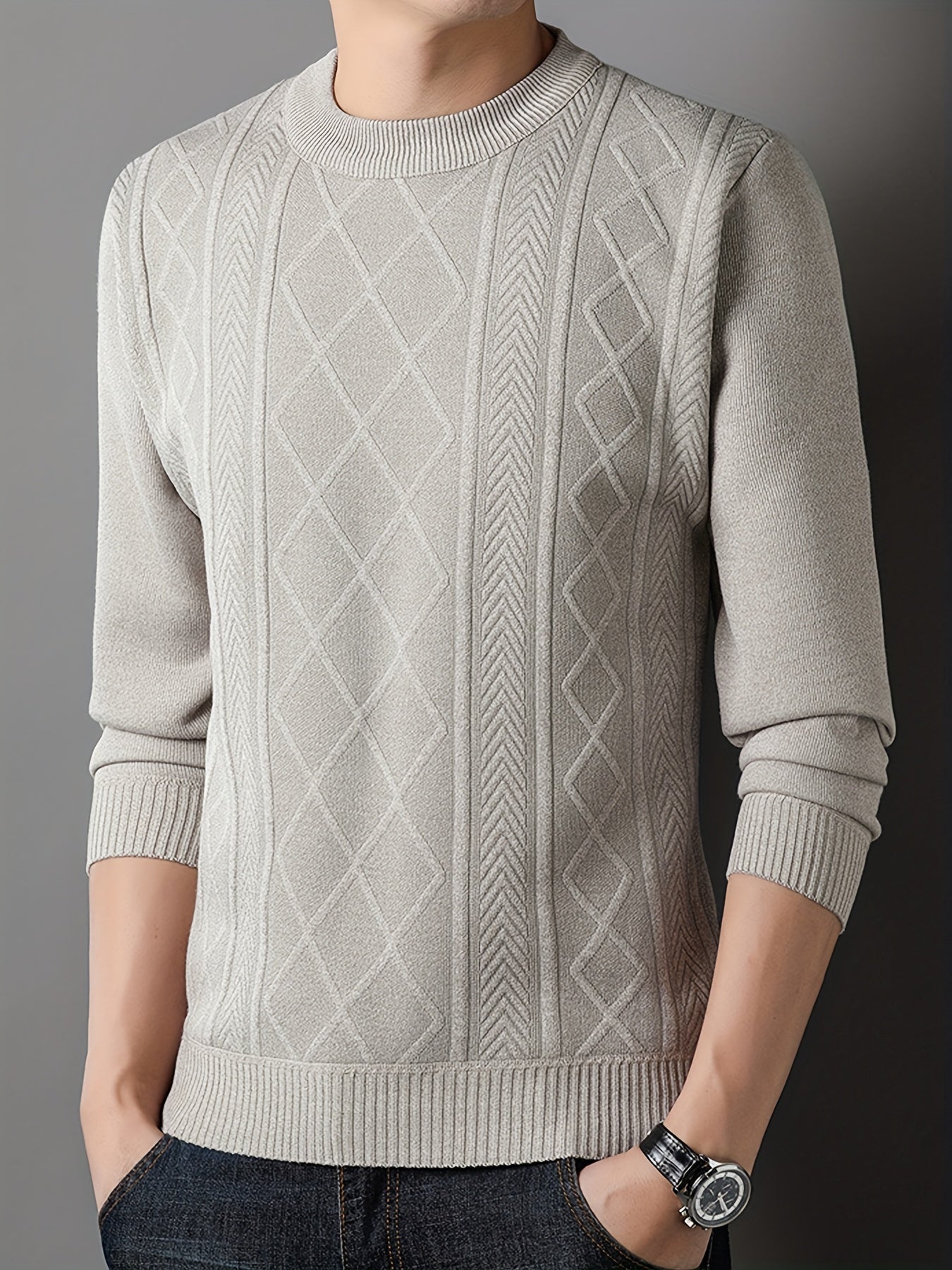 Men's Solid Knitted Pullover, Casual Long Sleeve Crew Neck Cable Knit Sweater For Fall Winter