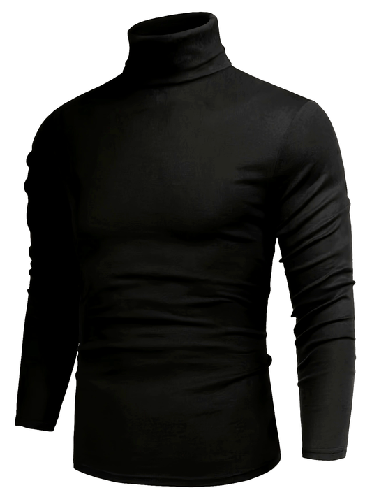 High Collar Warm Fleece Lined Shirt, Men's Casual Warm Solid Mid Stretch Pullover Sweater For Fall Winter