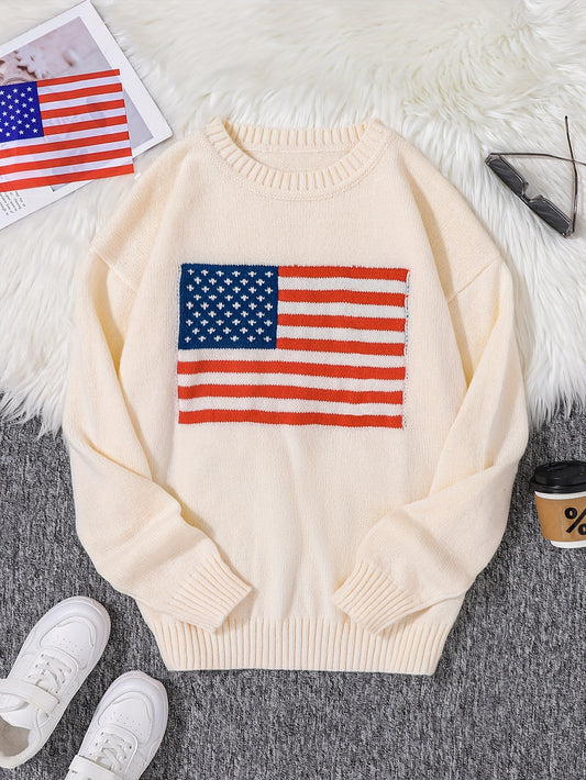 Autumn Fashion Cozy Long Sleeve Pullover Sweater - Soft Crew Neck Knitwear with American Flag Print, Warm and Breathable Outerwear for Daily Wear, Perfect for Casual Occasions - Stylish and Comfortable Top for Men