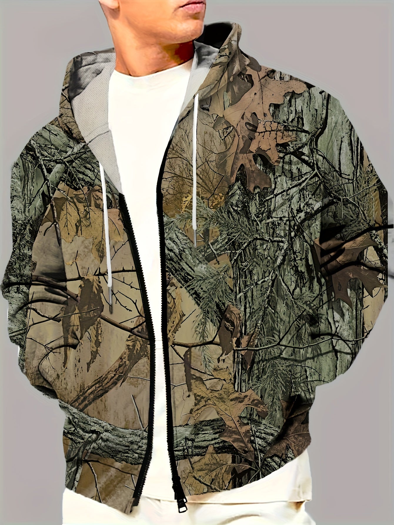 Trendy Forest Print Mens Hooded Jacket - Zippered Long Sleeve Hoodie for Gym & Sports - Perfect for Spring & Fall