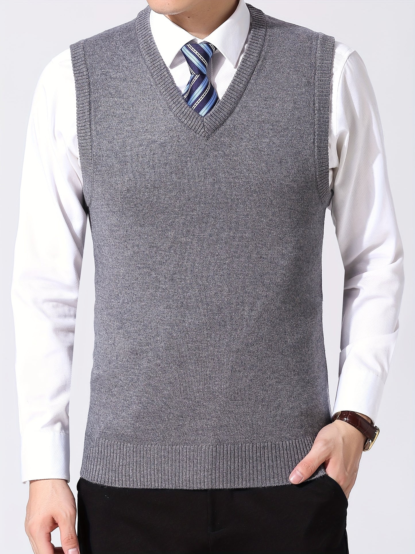 Elegant Slightly Stretch Vest, Men's Casual Vintage Style V Neck Sweater Vest For Fall Winter