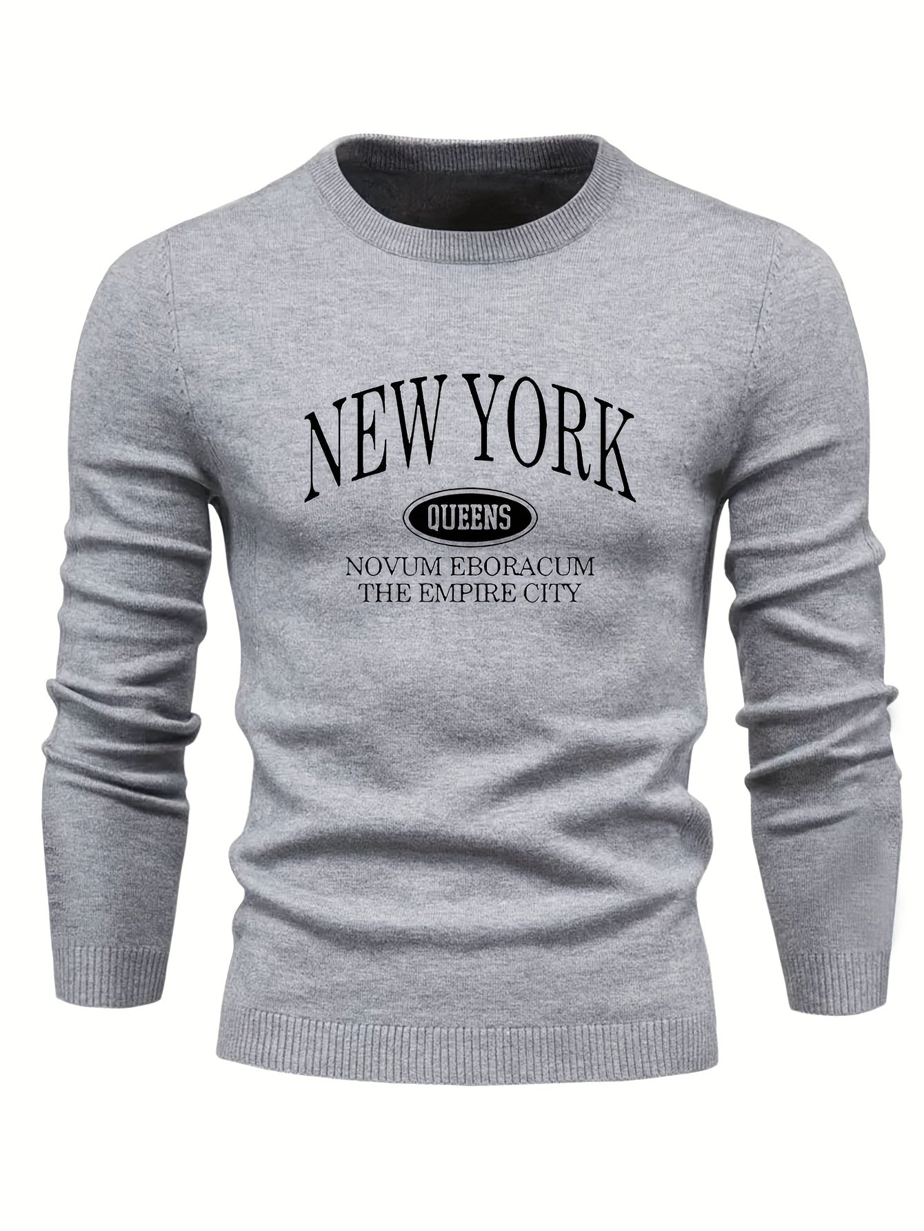 NEW YORK Print All Match Knitted Sweater, Men's Casual Warm Mid Stretch Crew Neck Pullover Sweater For Men Fall Winter