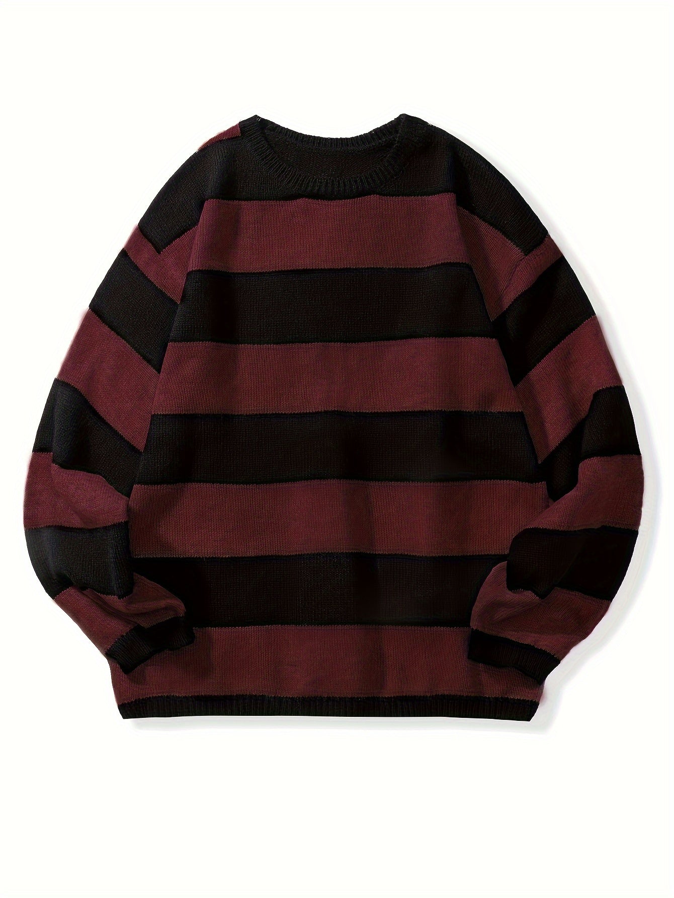 Men's Casual Fashion Striped Pullover Sweater, Spring/Autumn Thin Polyester Knit, Round Neck, Stretchy Fabric, Regular Fit