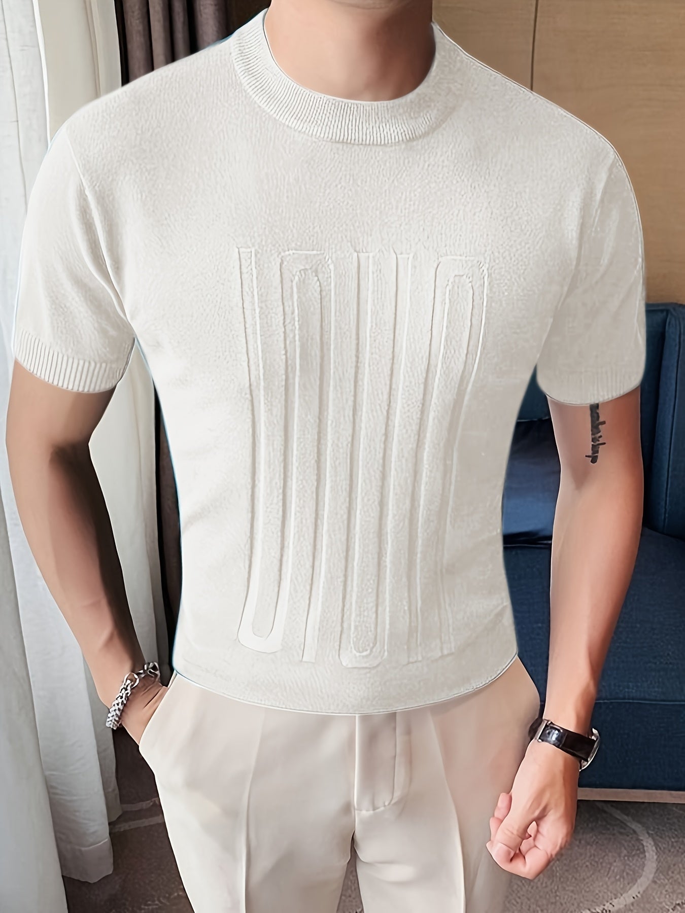 Chic Knit Short Sleeve Shirt, Men's Casual Mid Stretch Crew Neck Pullover Sweater For Spring Fall