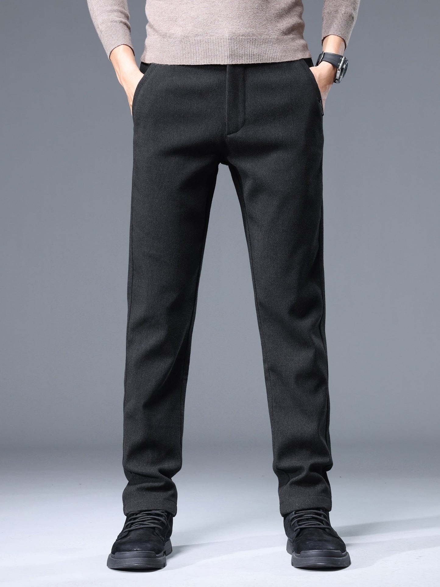 Men's Thermal Padded Slim Fit Trousers, Winter Woolen Men's Pants, Korean Style Business Casual, Polyester Blend, Regular Length, Zipper Closure, Straight Leg, Mid-Waist, Embroidery Detail