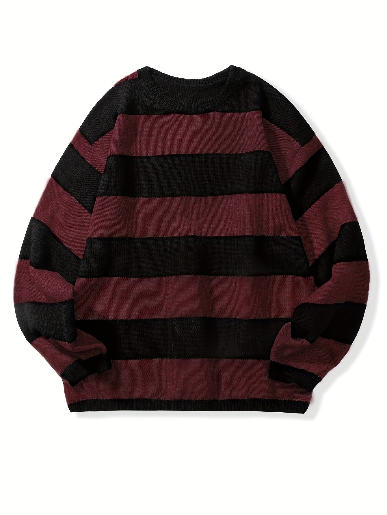 Preppy Retro Striped Pattern Knitted Sweater, Men's Casual Warm Slightly Stretch Crew Neck Pullover Sweater For Men Fall Winter, K-pop