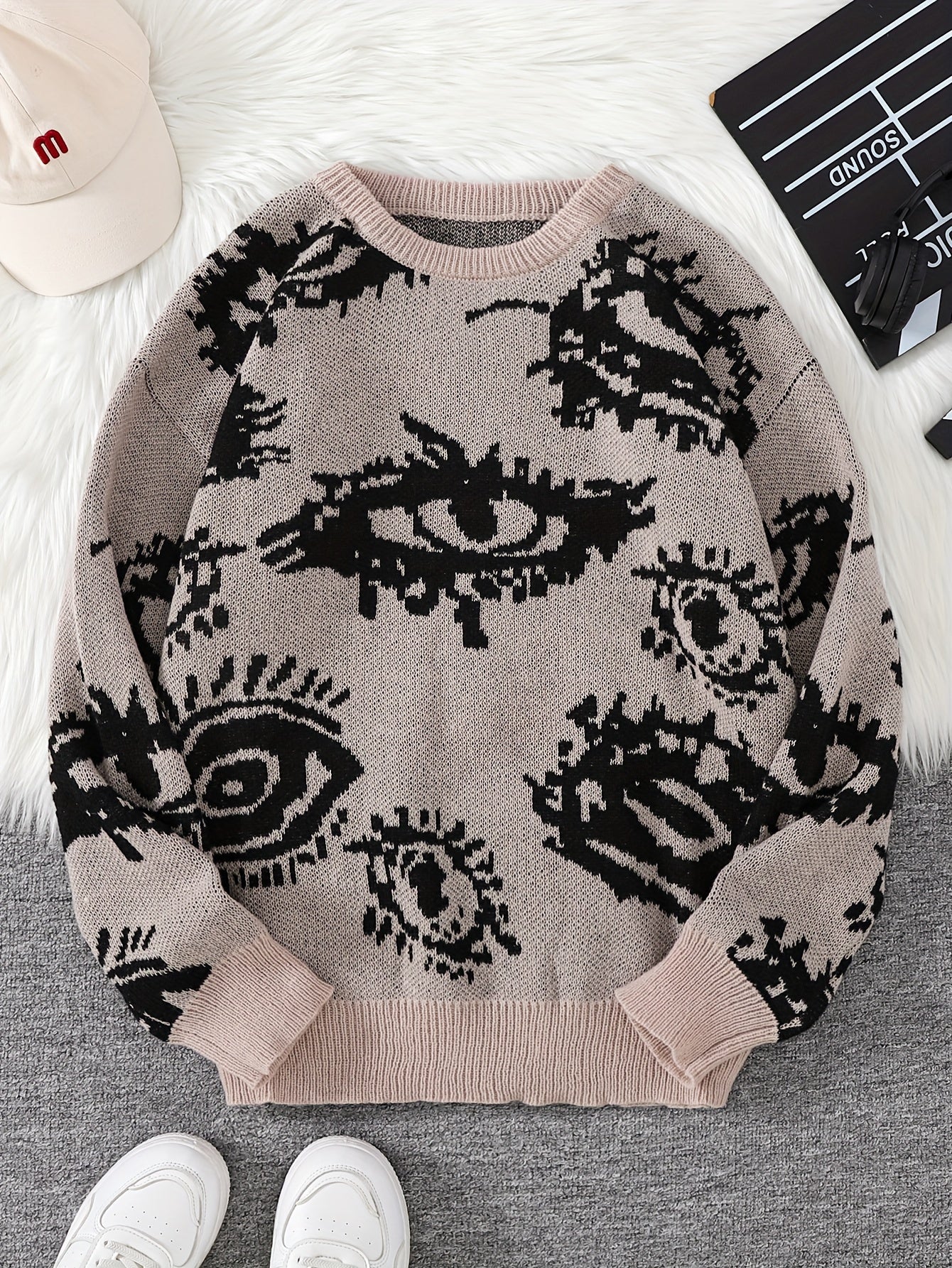 Men's Novelty Eyes Graphic Design Fall/Winter Sweater, Casual Round Neck Long Sleeve Knit Pullover Tops