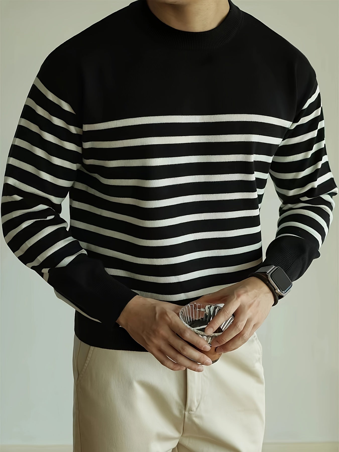 Cozy Striped Long Sleeve Crew Neck Pullover Sweater - Men's Fall Winter Knitwear - Soft, Warm, and Comfortable