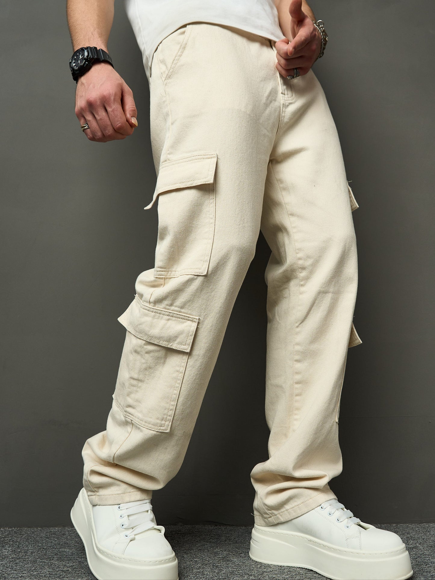 Men's Loose Fit Wide Leg Jeans With Pockets, Men's Stylish Comfy Denim Cargo Pants, Street Style Fashion